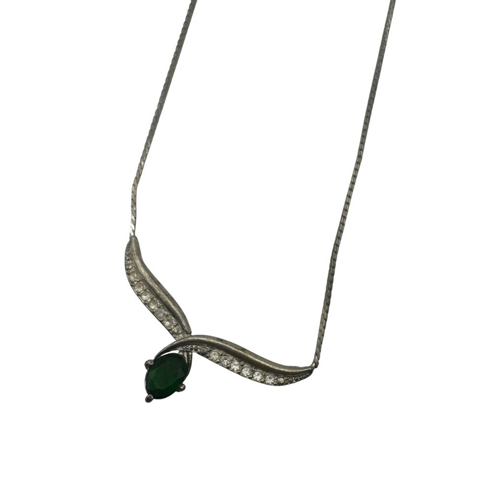 Silver Necklace With Emerald Green Teardrop Pendant Swarovski Rhinestones Chain
